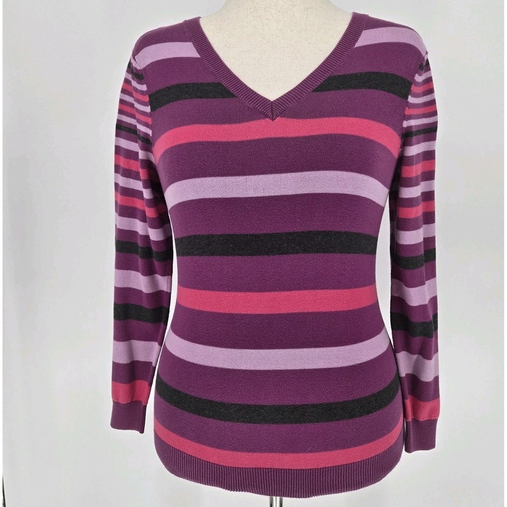 IZOD Women's Medium Purple‎ Striped V-Neck Cotton Knit Sweater Long Sleeve